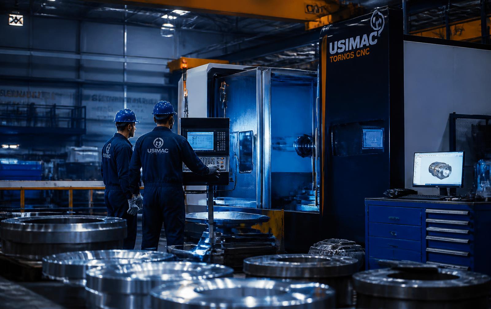 Equipe de engenheiros operando máquinas CNC no piso de fábrica